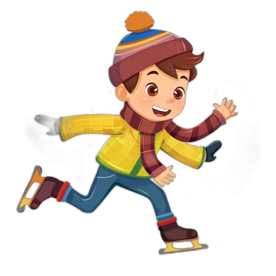 A cute boy ice skating, wearing winter  and hat, cartoon style with simple lines, colorful colors, full body shot, black background, high resolution