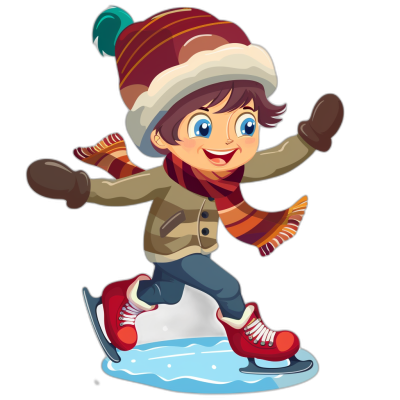 A cartoon-style illustration of an ice skating boy, wearing winter  and hat with scarf, clipart on black background, vector art style, 2d game design elements, cute character design. The boy is smiling while performing a figure-dancing move on the frozen lake surface. He wears red skates and has blue eyes that sparkle in his cheerful expression. His outfit includes brown jacket, dark pants, white gloves, colorful striped scarves around his neck, simple shapes and lines. The illustration is in the style of 3D rendering.