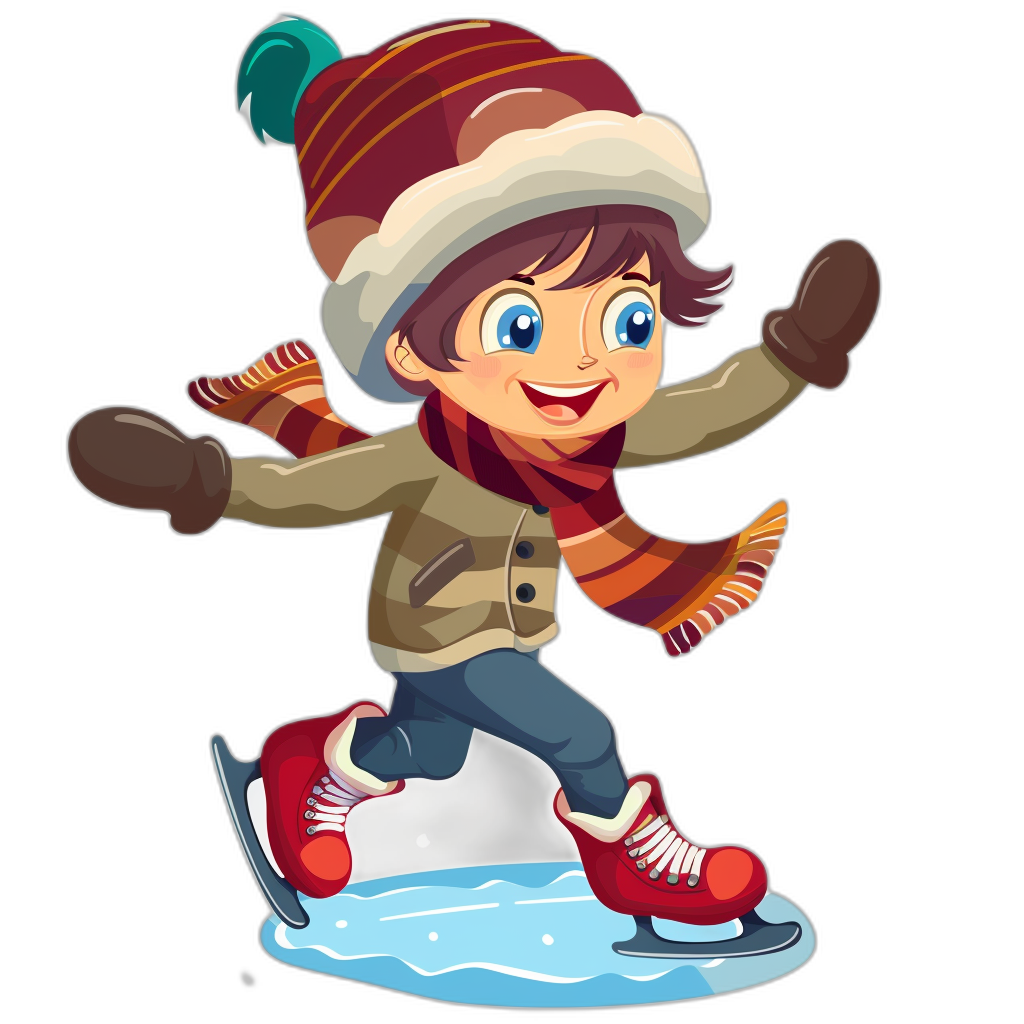 A cartoon-style illustration of an ice skating boy, wearing winter  and hat with scarf, clipart on black background, vector art style, 2d game design elements, cute character design. The boy is smiling while performing a figure-dancing move on the frozen lake surface. He wears red skates and has blue eyes that sparkle in his cheerful expression. His outfit includes brown jacket, dark pants, white gloves, colorful striped scarves around his neck, simple shapes and lines. The illustration is in the style of 3D rendering.