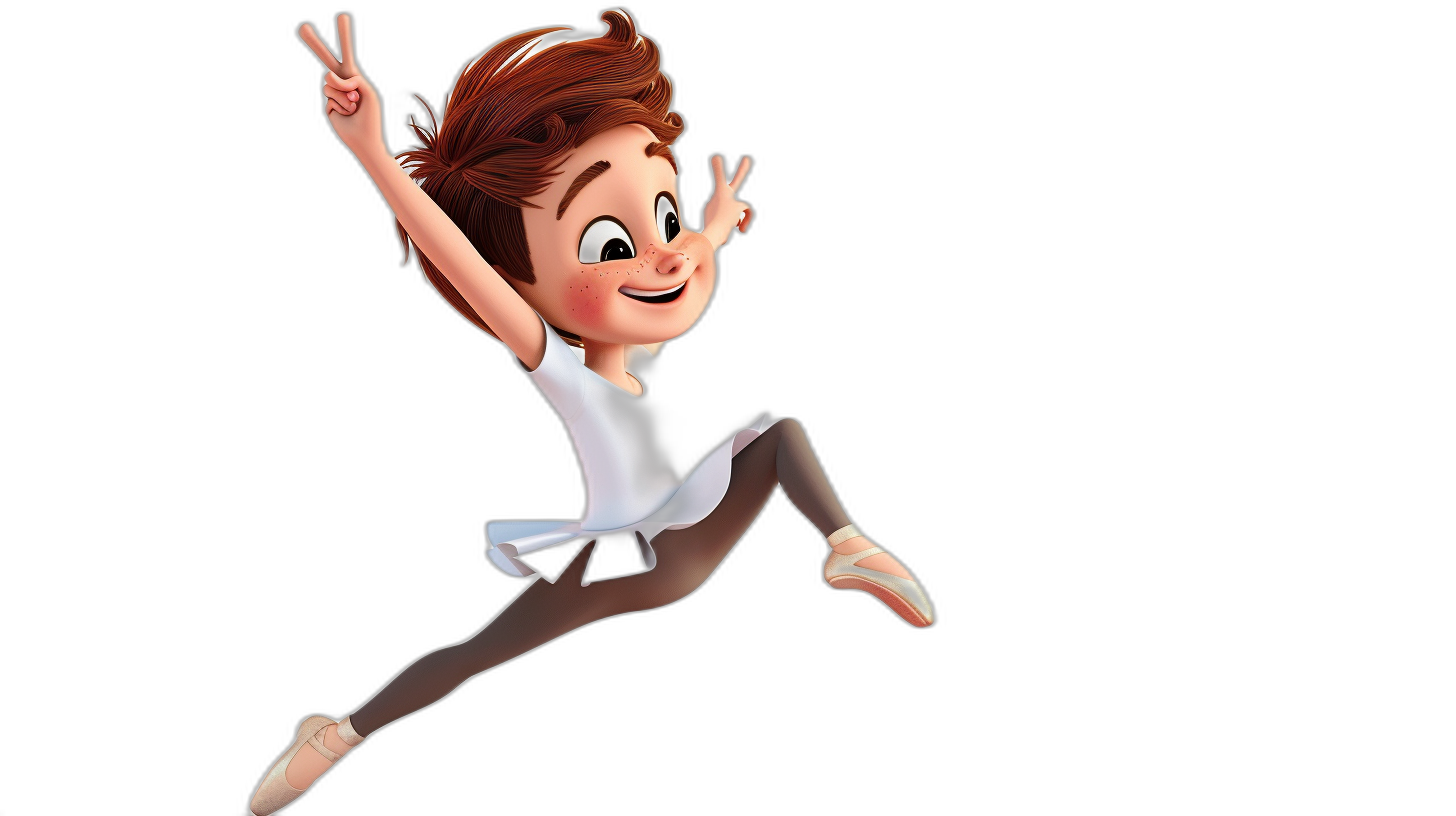 A cute Pixar style cartoon boy with brown hair and wearing white tights is jumping in the air doing ballet against a black background.