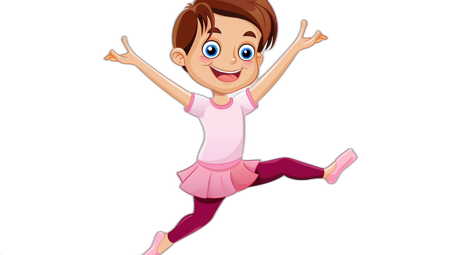 Cartoon illustration of a happy cute little girl ballerina in pink tights and a white top, jumping on a black background. Cartoon style clipart in the style of animation cartoon.