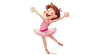 Cartoon illustration of a happy little girl in a pink ballet outfit, dancing on a black background, full body, high resolution, no text, in the style of Pixar animation.