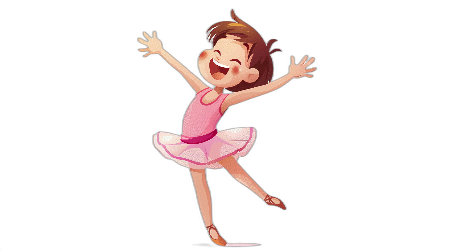 Cartoon illustration of a happy little girl in a pink ballet outfit, dancing on a black background, full body, high resolution, no text, in the style of Pixar animation.