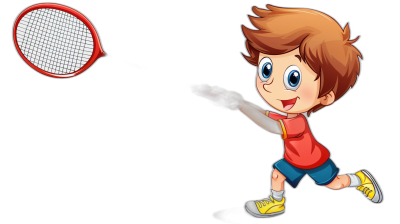 A cartoon-style boy playing badminton, vector illustration with black background, high resolution