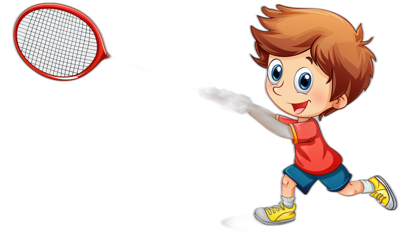 A cartoon-style boy playing badminton, vector illustration with black background, high resolution