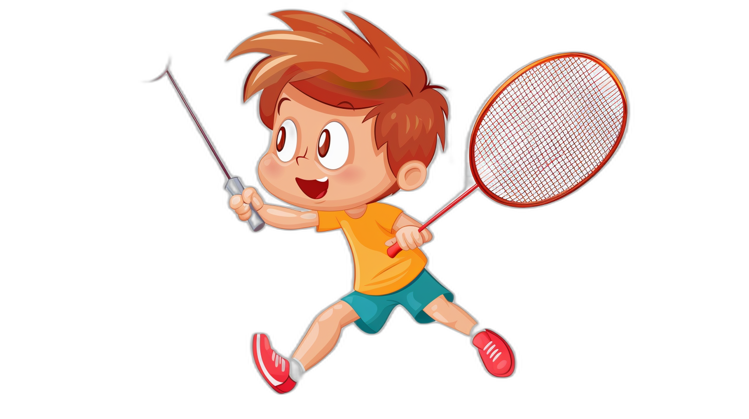 A cartoon boy playing badminton in a vector illustration style with a simple stroke structure and flat color blocks against a black background, depicting cute and lively movements in the style of Disney Pixar.