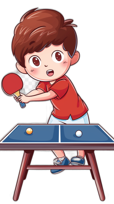 A cute cartoon boy playing table tennis in a vector illustration with a flat style on a black background with a red and blue color scheme in high resolution with clear lines and bright colors creating a lively atmosphere with a white border around the edge of each element.