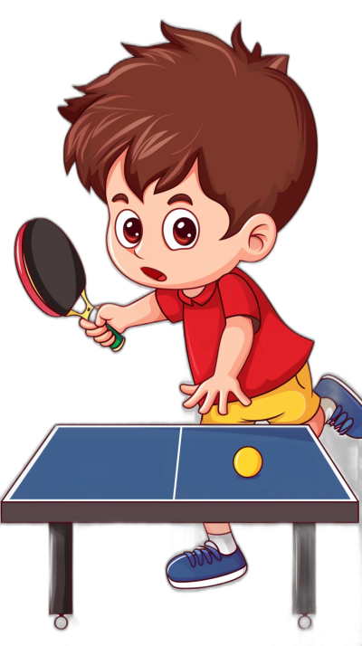 A cute cartoon boy playing table tennis in a vector illustration against a black background. The simple strokes, thick lines and solid colors give it a flat style similar to the illustrations of a children's book artist. The simple details, bold shapes and bright color scheme make it suitable for coloring pages for kids. The boy wears a red T-shirt with short sleeves and blue shoes, with red hair holding a racket hitting a yellow ball over a white topboard on a black surface and black floor background.