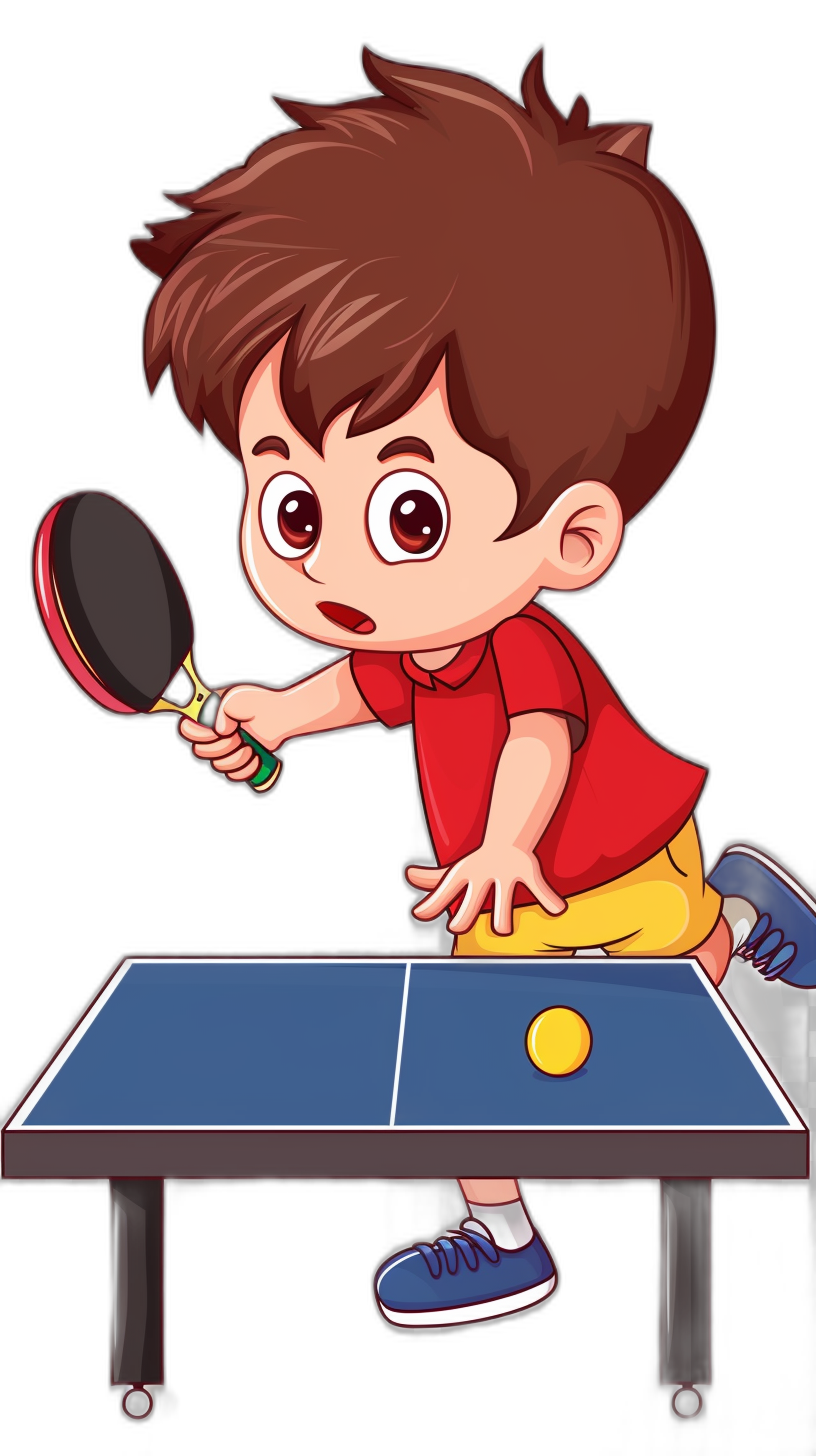 A cute cartoon boy playing table tennis in a vector illustration against a black background. The simple strokes, thick lines and solid colors give it a flat style similar to the illustrations of a children’s book artist. The simple details, bold shapes and bright color scheme make it suitable for coloring pages for kids. The boy wears a red T-shirt with short sleeves and blue shoes, with red hair holding a racket hitting a yellow ball over a white topboard on a black surface and black floor background.