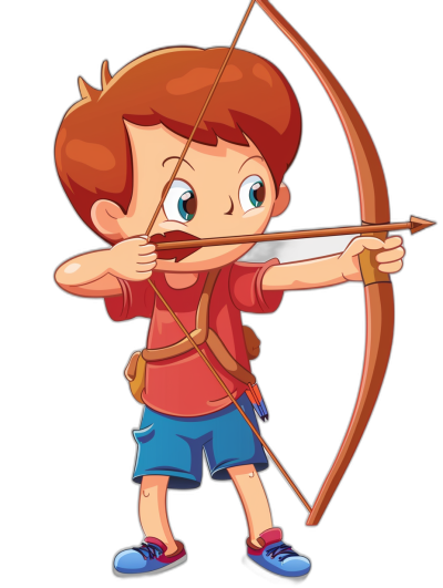 A cartoon-style archer boy with brown hair, blue eyes and a red shirt is aiming his bow isolated on a black background. The vector illustration has a simple design with flat colors and bold outlines. The cute character has a cheerful posture and the illustration uses a vibrant palette with clear details. The style is similar to modeling sheet styles of .