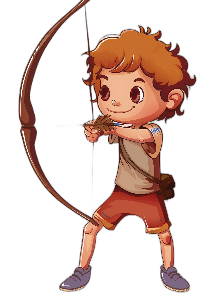 A cute cartoon boy archer is shooting an arrow with his bow in a vector art style on a black background.