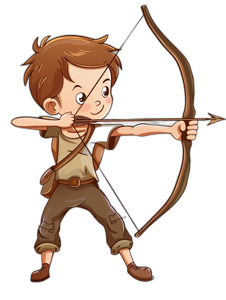 A cartoon of an archer boy with brown hair, full body, in the style of vector style, clip art on a black background, with a bow and arrow in hand.