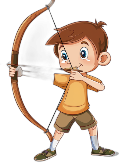 A cartoon-style boy shooting an arrow on a simple black background. The vector illustration is in a flat design style with no shadows on the character's body. The boy has a cute and friendly face with big blue eyes and brown hair. He is wearing shorts and a light yellow t-shirt, holding a bow at eye level. Bright colors are used with a white outline around the edges of the characters against a black background. The overall mood is cheerful and playful, suitable for children or young adults. There is no shading or shadowing. It uses vector graphics in a 2D design style.