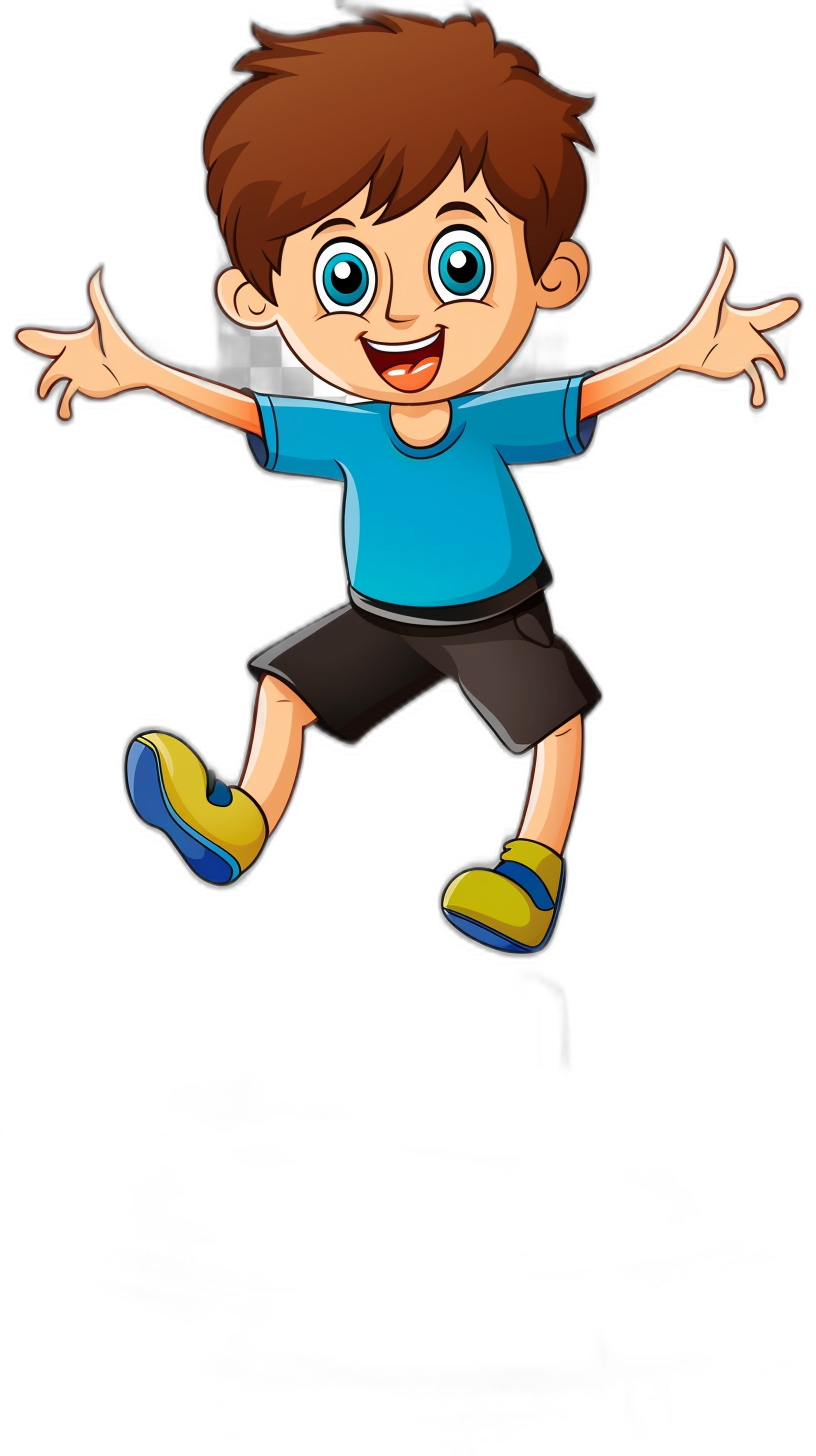 A cartoon boy wearing blue T-shirt and black shorts, jumping up with his hands open in front of him. He has brown hair and big eyes. The background is pure white, and the whole body is depicted on an isolated black background. Cartoon style, simple lines, bright colors, lively expressions., panorama, high resolution,,in