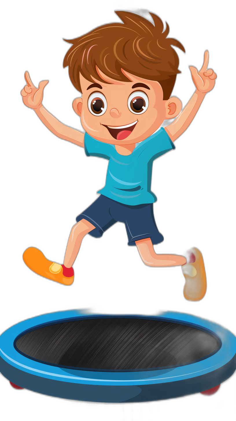 A cartoon boy is jumping on the trampoline with a happy expression against a simple black background. The illustration is in a flat style with bright colors, simple lines and shapes showing a full body portrait. He is wearing blue short sleeves and brown shoes, depicted from a medium shot perspective without shadows on the simple background. The style is reminiscent of high saturation cartoons.