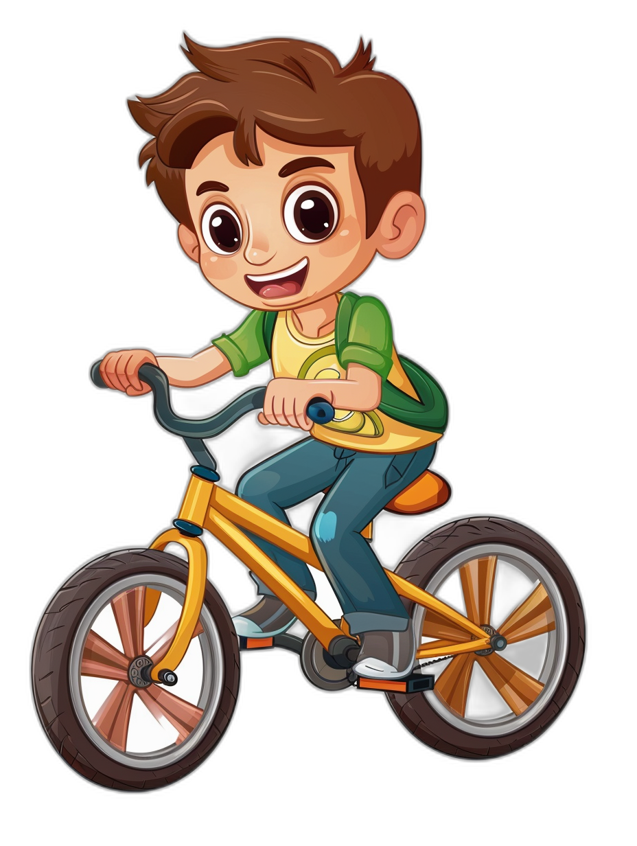 a cartoon boy with brown hair and green shirt is riding his yellow bicycle, black background, vector illustration for children’s book, cute,