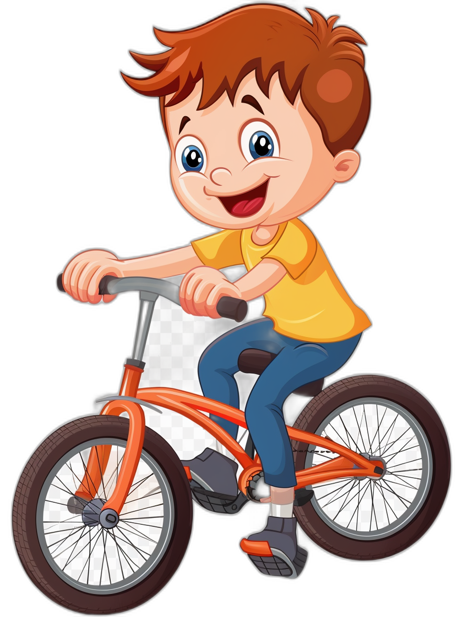 A boy riding a bicycle cartoon vector illustration isolated on a transparent background. A cute and adorable boy with brown hair and blue eyes, wearing a yellow shirt, dark pants, and white socks smiling while riding an orange bike on a black ground. A full body portrait of a happy young kid character in sportswear on two wheels in the style of a clip art sticker design graphic style. Colorful flat color.