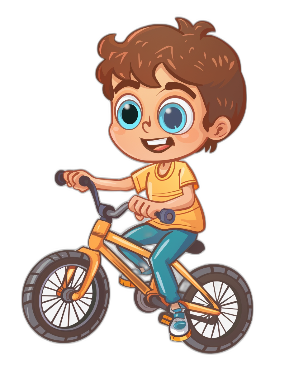 A cute cartoon boy with big eyes riding an adorable bike in the style of clip art, isolated on a black background.