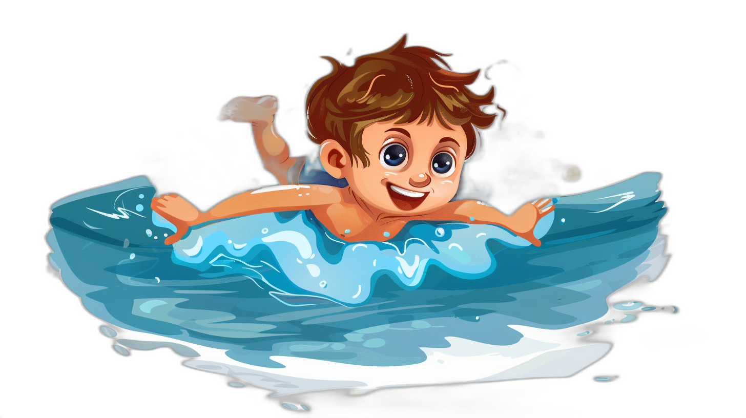 A cute cartoon boy swimming in the water, smiling with brown hair and blue eyes against an isolated black background, in the style of Pixar.