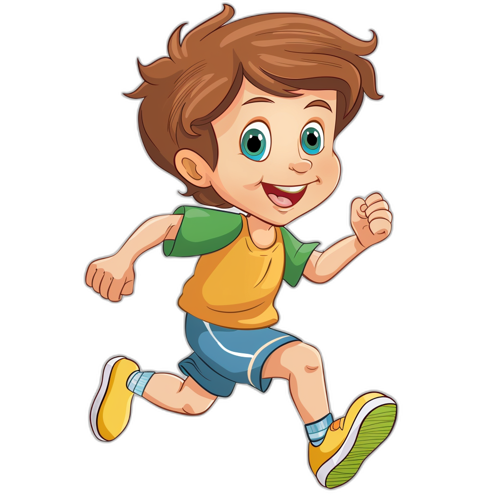 A cute cartoon of a happy boy running in the clip art style isolated on a black background with no shadow.