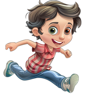 A cute cartoon boy is running with a smiling and happy expression, wearing jeans and a red plaid shirt against a black background. The illustration has high definition details of the textures of the  in a cartoon style. It is a 2D illustration with a character design reminiscent of a 30 year old Disney Pixar character.