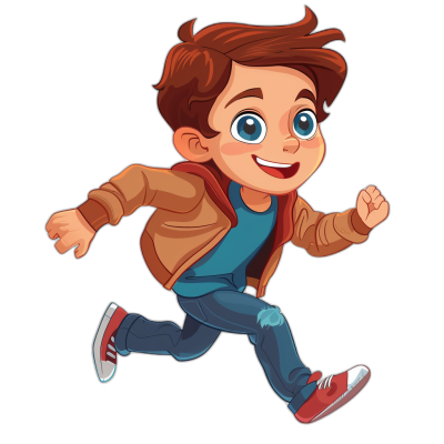 cartoon illustration of happy boy running, brown hair and blue eyes, casual , isolated on black background, high resolution vector