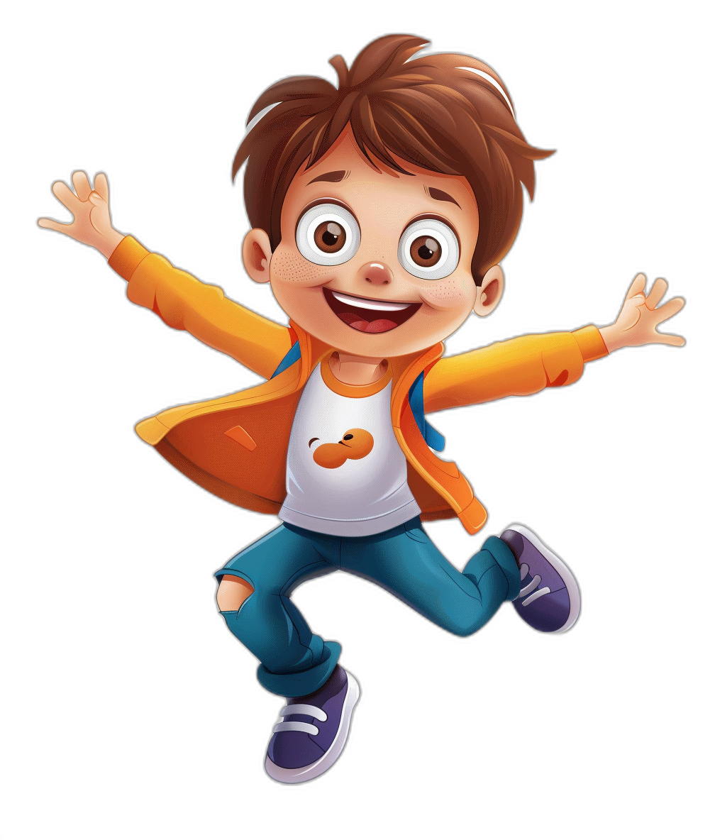 Cute cartoon character of a boy with brown hair and blue eyes jumping. He is wearing an orange jacket, a white t-shirt, jeans, and purple shoes against a black background.