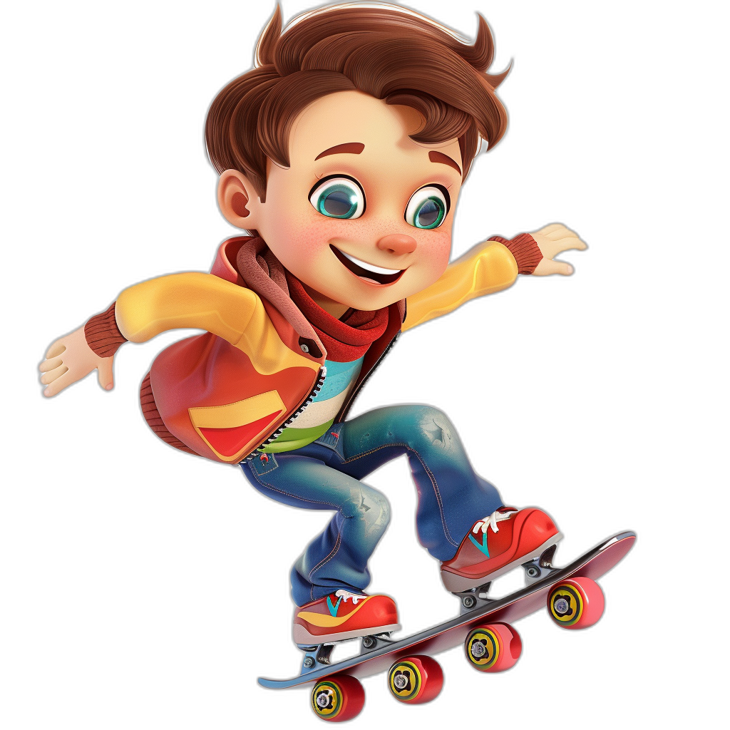 cartoon boy on skateboard flying in the air, wearing jeans and a colorful shirt with red shoes, big eyes, brown hair, against an isolated black background, in the style of Pixar