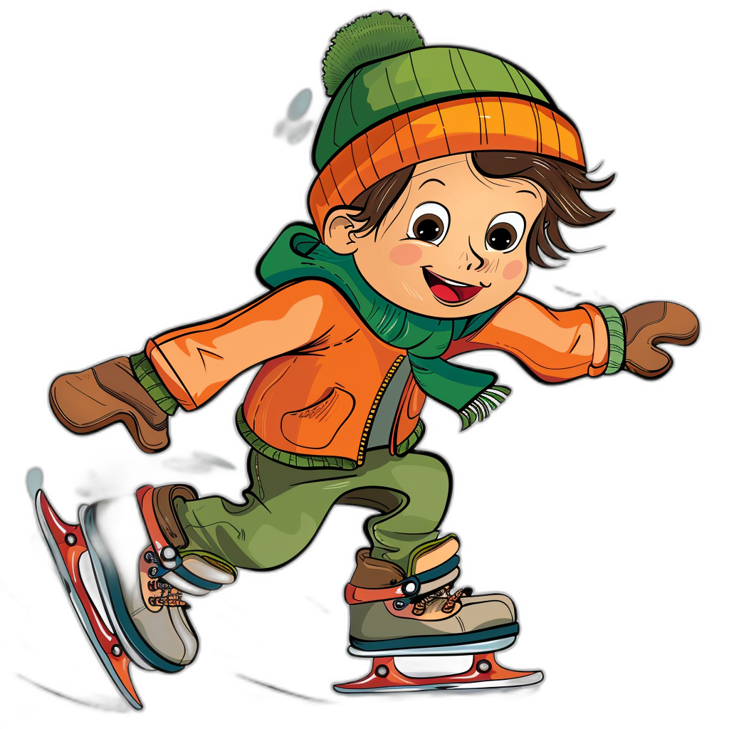 a cute cartoon of boy skating on ice, clip art for stickers, black background , orange and green