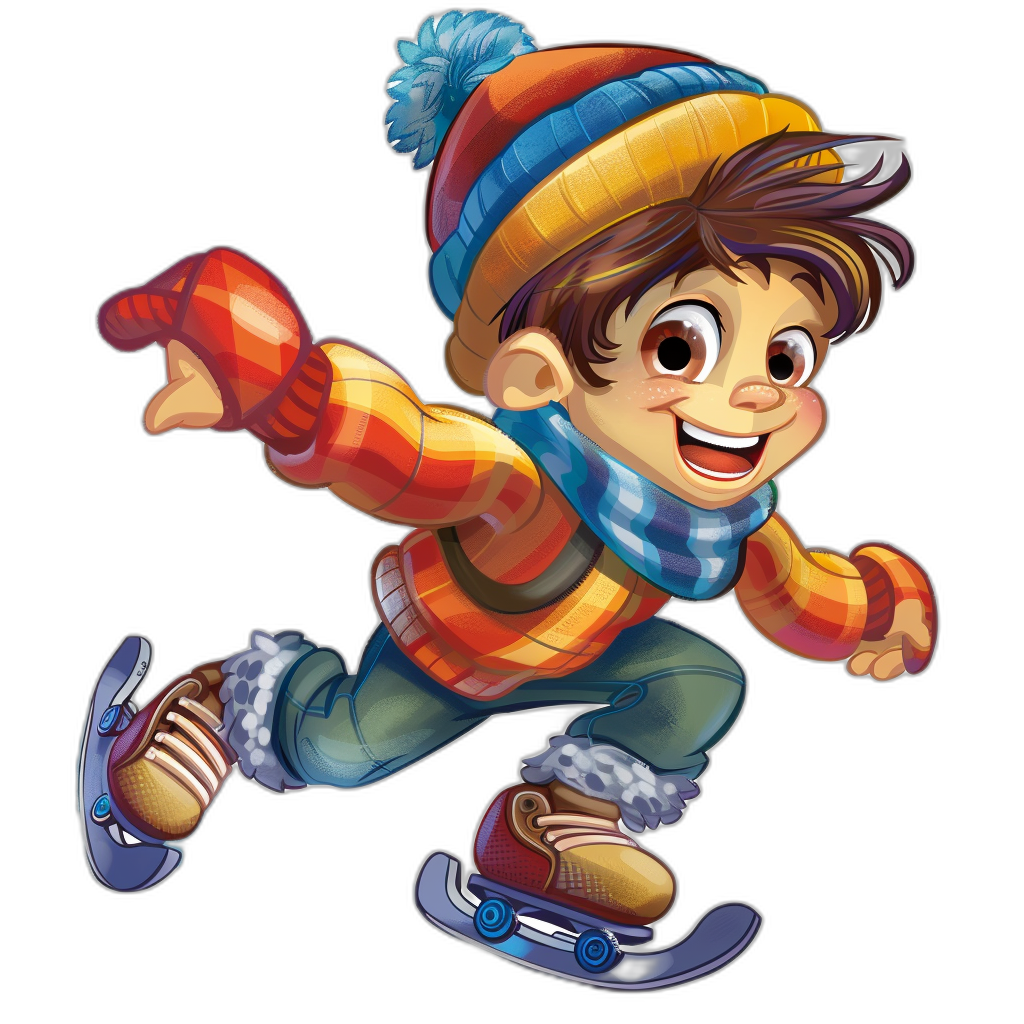 A cute cartoon boy is ice skating, with bright colors and exaggerated expressions on his face. He wears winter  such as gloves, scarves or hats to keep warm during the cold season. The black background highlights him in full body shots, with clear details of  textures and facial features. The style is reminiscent of Asian art.