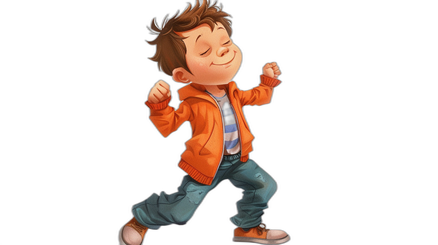 Cute cartoon boy in a dancing pose, wearing an orange jacket and blue jeans against a black background, in the style of Pixar.