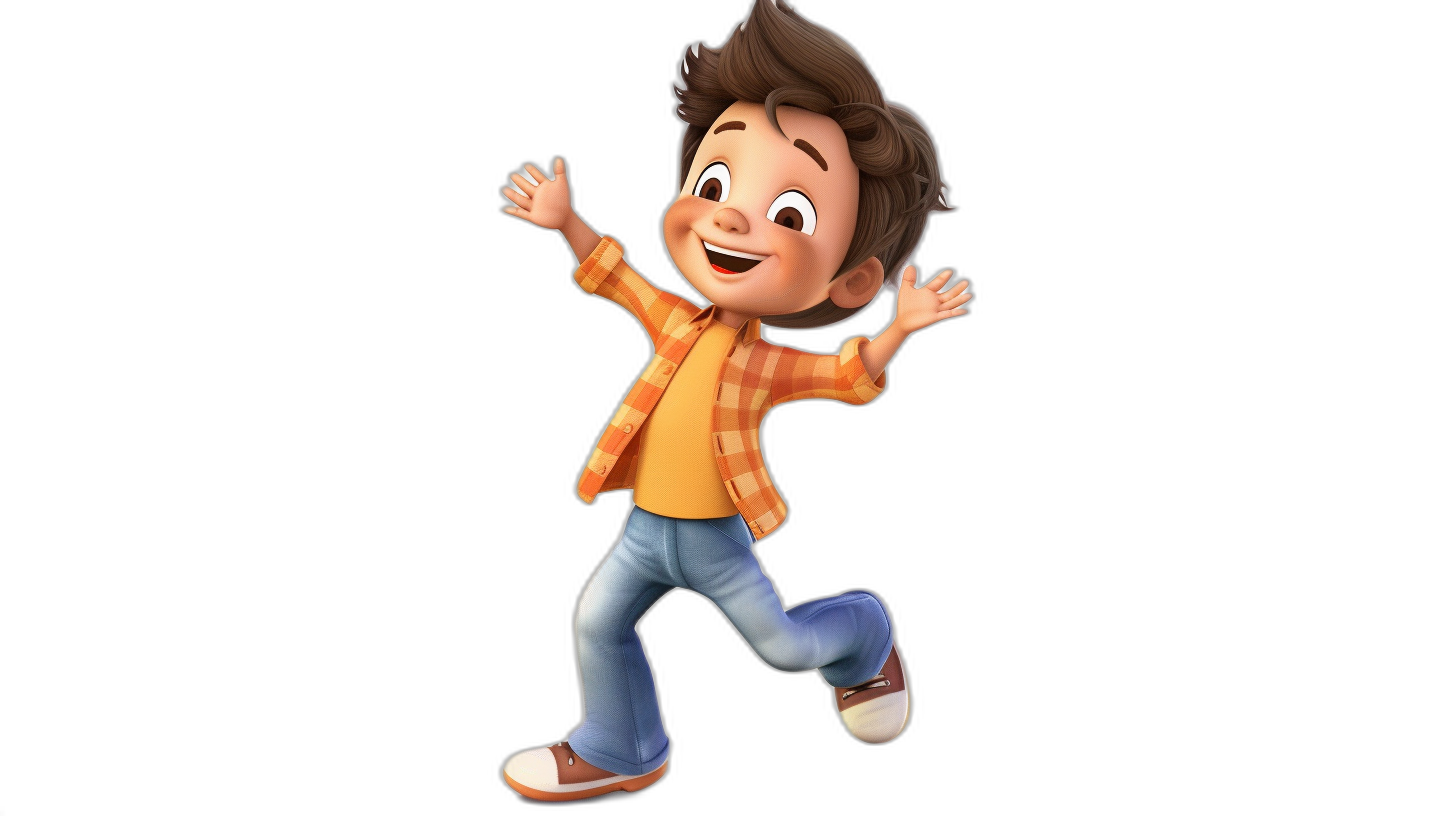 A cute cartoon boy is jumping in the style of Disney on a black background with 3D rendering at a high resolution. He is wearing cute and colorful  including blue jeans, an orange plaid shirt, and white sneakers. He has brown hair with highlights of gray on the side and big eyes. It is a full body portrait in the style of Pixar animation.