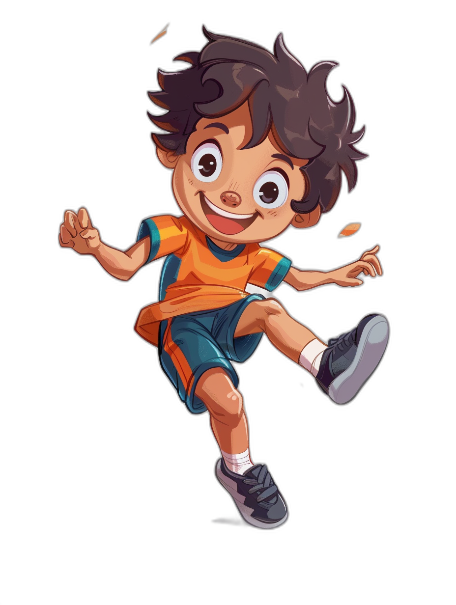 A cartoon character of an Indian boy in his late teens, wearing an orange and blue t-shirt with shorts playing football on a black background in the style of vector art, with a happy expression, shown in a full body shot, wearing white shoes, suitable as a 2d game asset, with high quality, high resolution, depicted as cute and adorable, smiling with a big eyes, small nose, and short hair style in the style of a cartoon illustration, colorful.