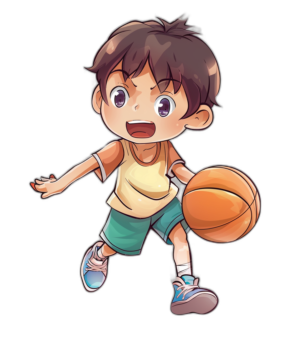 A cute little boy playing basketball in the style of vector illustration. The style is in chibi anime cartoon style with a simple drawing using solid color blocks on a black background. It is a full body portrait with high definition details and high resolution.