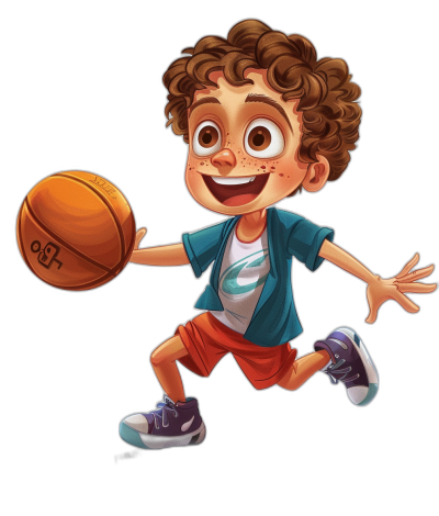 A cute cartoon character of a happy kid playing basketball, with curly brown hair and freckles, on a black background, in the style of Disney, with Pixar animation style, for a character design in a mobile game, wearing casual  with shorts and sneakers, with big eyes and vibrant colors, at a high resolution.