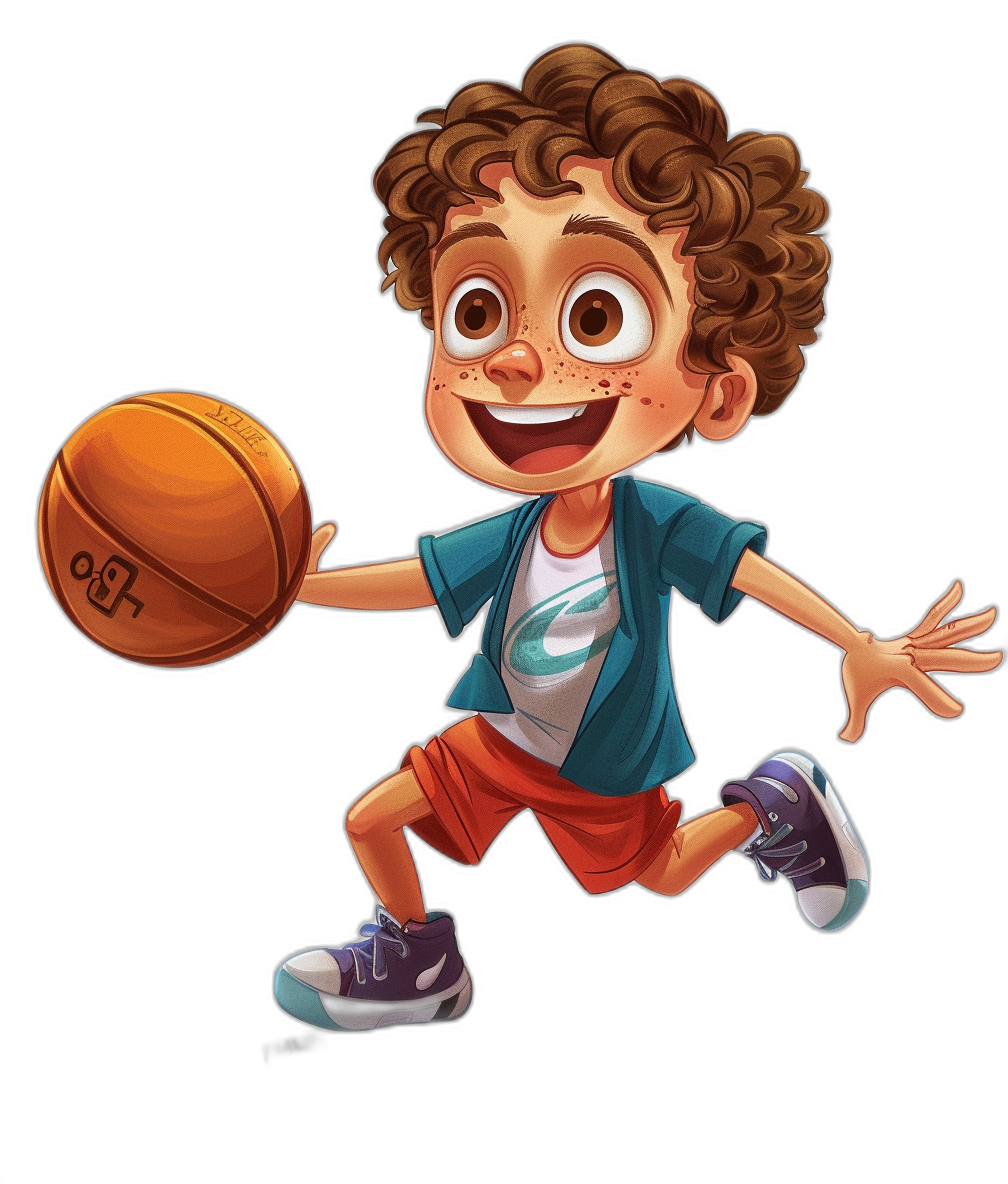 A cute cartoon character of a happy kid playing basketball, with curly brown hair and freckles, on a black background, in the style of Disney, with Pixar animation style, for a character design in a mobile game, wearing casual  with shorts and sneakers, with big eyes and vibrant colors, at a high resolution.