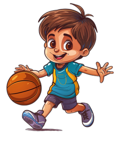 A cute cartoon boy playing basketball in a vector illustration with a black background. The little boy is wearing blue and yellow sports  and has brown hair. He holds the ball in his hand while running towards me. His face was filled with happiness when he plays.