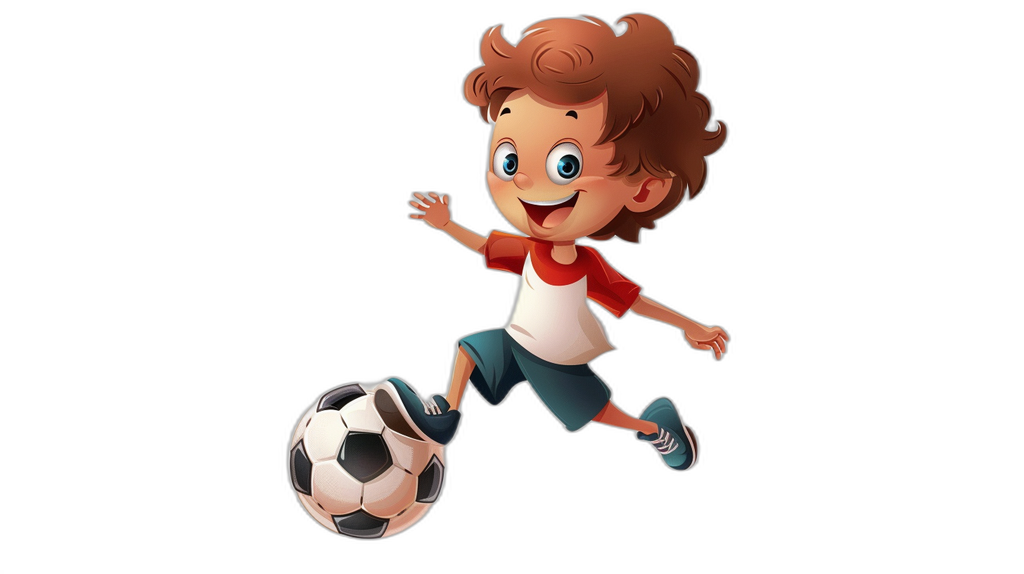 A cartoon boy playing football, jumping and kicking the ball with his right foot. He has brown hair, blue eyes, a white shirt with red short sleeves, dark green shorts, and black shoes. The style is similar to Pixar, with a simple background of a solid black color. It is a full body shot showing the boy flying through the air, full of vitality with a cute and lively expression and a big smile on his face.