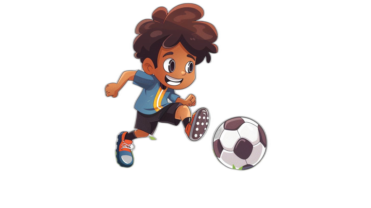 Cute cartoon character of an Indian boy playing football on a black background in a simple vector art style with high contrast colors and simple details showing his full body. He is wearing a blue t-shirt and orange shoes and has curly hair. The ball is white with grey stripes and the borders are shown with white lines. It is a high resolution, high quality, highly detailed cartoon illustration in the style of a simple vector art.