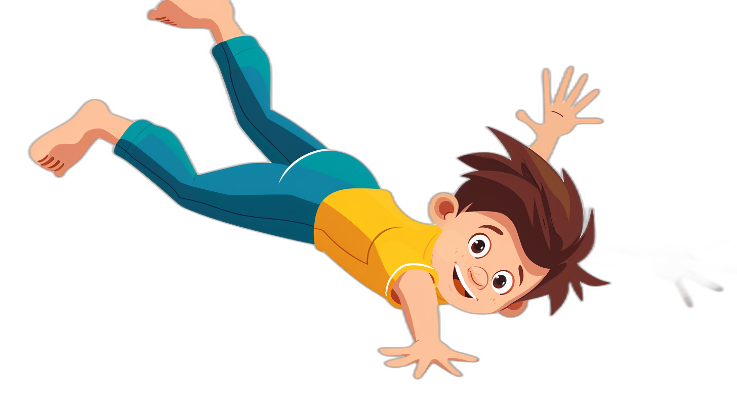 A cartoon boy in the air, he is wearing blue pants and a yellow t-shirt with brown hair. He has his hands up to balance himself while falling down on a black background. The illustration style should be in the style of Pixar, focusing on simplicity without any shadows or gradients.