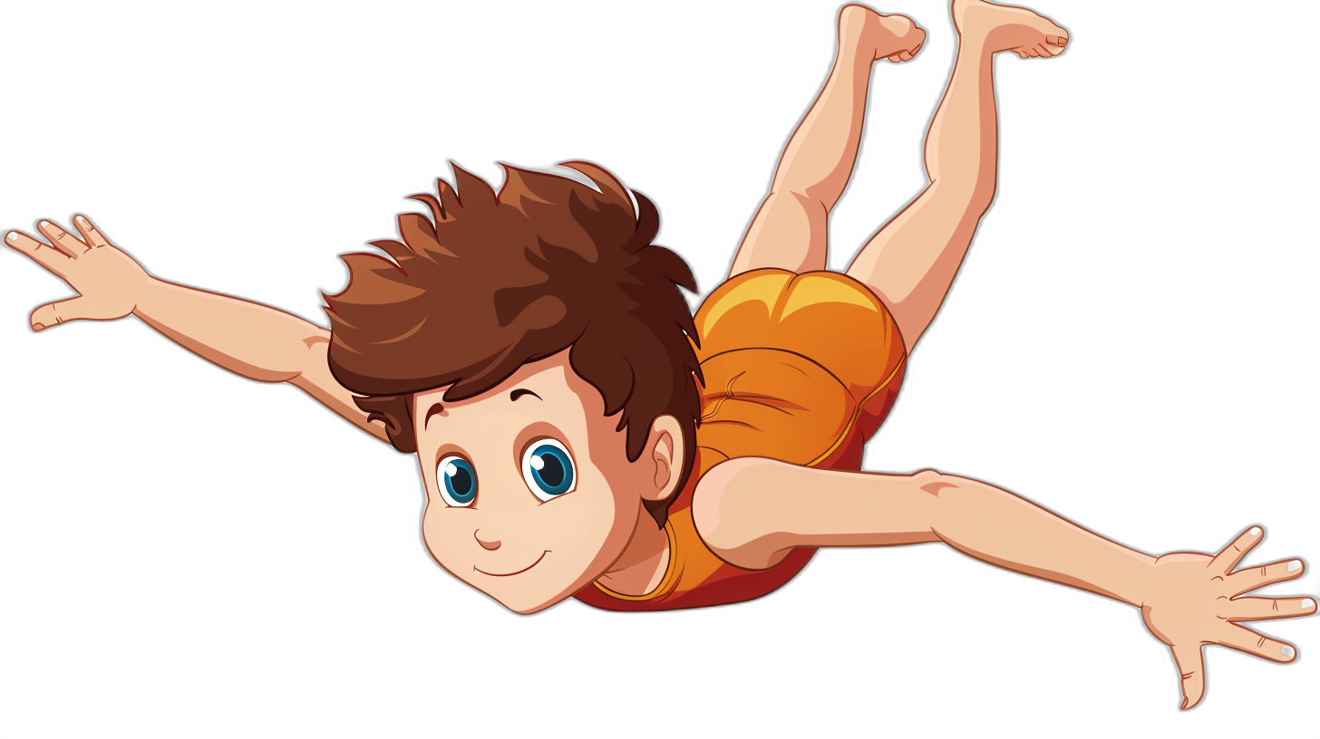 A cartoon-style boy with brown hair and blue eyes, wearing an orange gymnastics outfit falling on his back in the air. The vector illustration shows him against a black background with a simple design in the cute style of no shadows, no shading, no gradient, and flat colors with low detail at a high resolution and high quality definition.