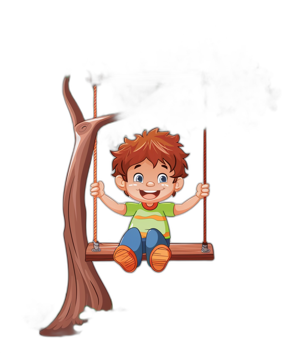 A cute cartoon boy sitting on the swing, smiling happily. The illustration uses simple lines on a black background with colorful, wooden textured  in the style of a cartoon. It has a simple design with bright colors and is a high resolution cartoon illustration with professional studio lighting and color grading that adds soft shadows without contrast details. The background is black.