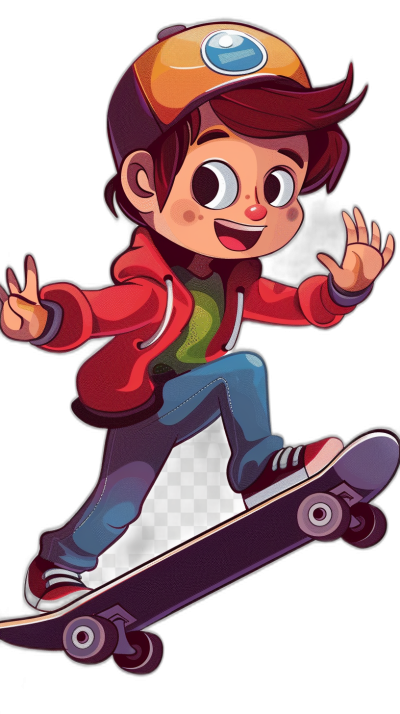 A cartoon character is riding a skateboard. The boy has short brown hair and is wearing a red jacket, blue jeans, white sneakers with dark purple wheels, a cap hat and gloves, on an isolated black background, in the chibi style, as a vector illustration, like 2d game art, with a happy facial expression, using a colorful color theme, at a high resolution.