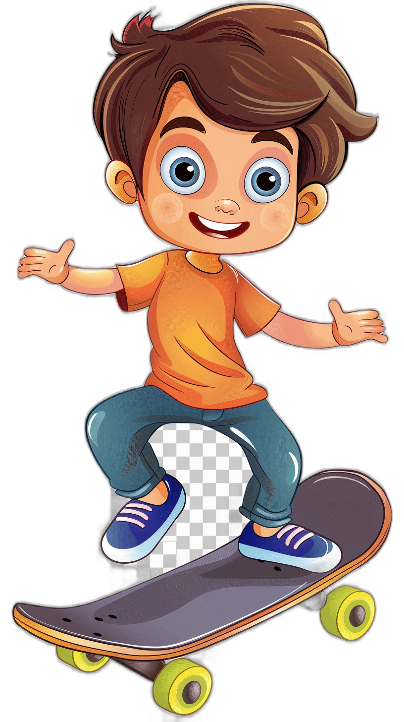 cartoon style, happy boy with brown hair and blue eyes is riding on skateboard, isolated black background, clipart