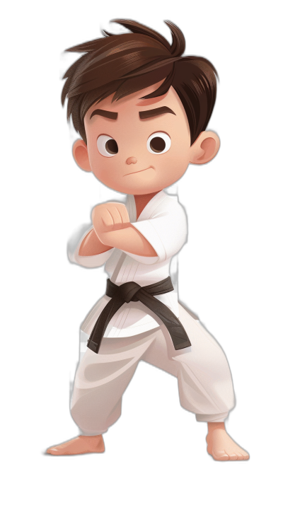 A cute little boy in a white karate outfit, with a black belt and dark brown hair, is practicing martial arts moves. He has large eyes and an adorable smile on his face. The background of the illustration should be plain black to highlight him against it. The style of the illustration should be in the style of Pixar with a cartoon art style. It is a cartoon character design concept.