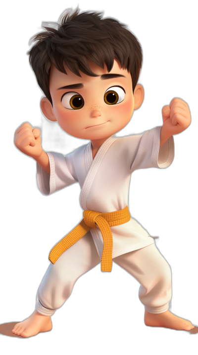 A cute baby boy with brown hair in a white karate outfit doing karate poses, with big eyes, in the style of a cartoon, showing his full body, wearing a yellow belt, on a black background, rendered in 3D, in the style of a Pixar movie.