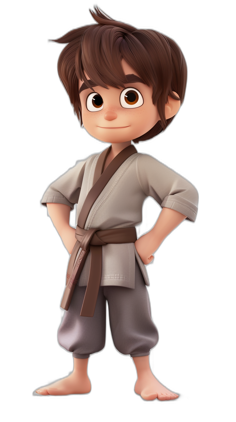 A cute young boy with brown hair and big eyes, wearing a karate outfit and belt, full body character design, 3D Disney-detailed illustration with Pixar quality, vibrant colors, black background, in the style of cartoon game art.