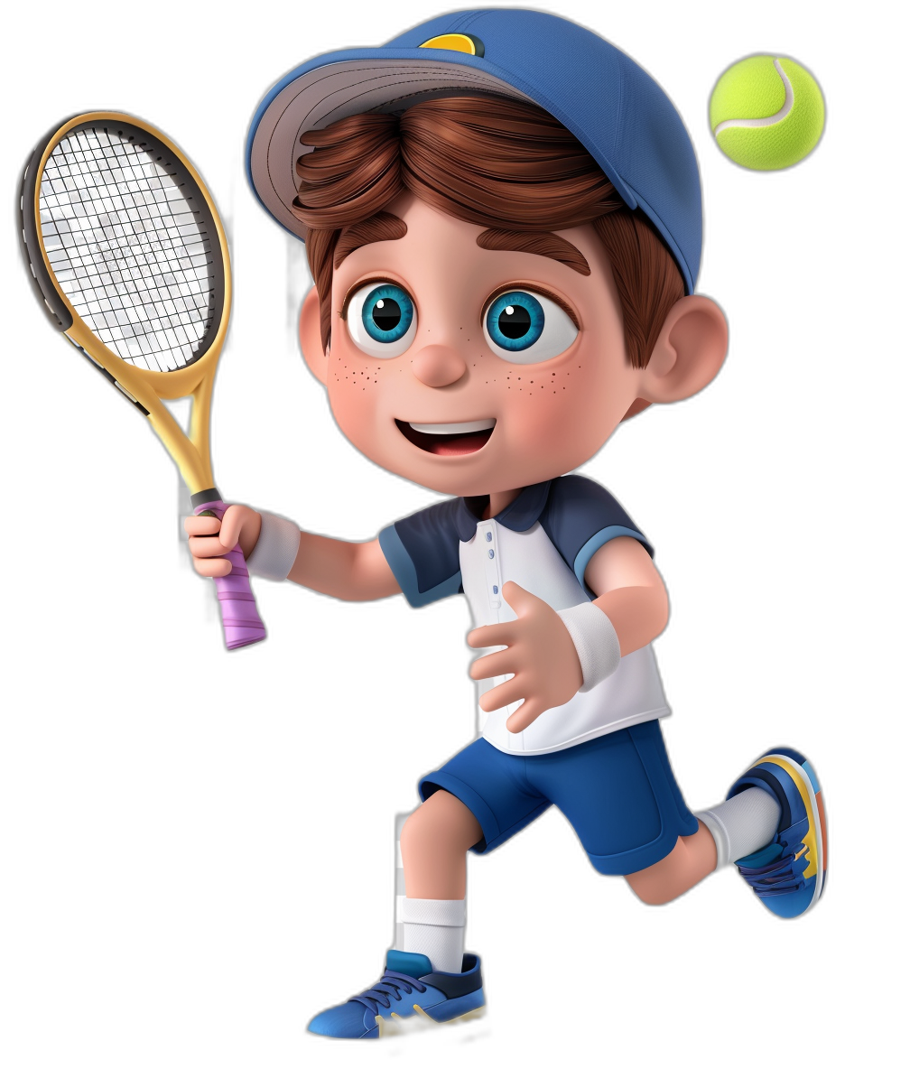 A cute boy playing tennis, wearing blue shorts and white t-shirt with a cap on his head, in the cartoon style, 3D rendering, with character design in the style of Disney Pixar animation, on a Black background, at a high resolution. The little man is holding the racket in one hand to hit the ball, smiling happily. He has big eyes and brown hair. It’s full of vitality in his .