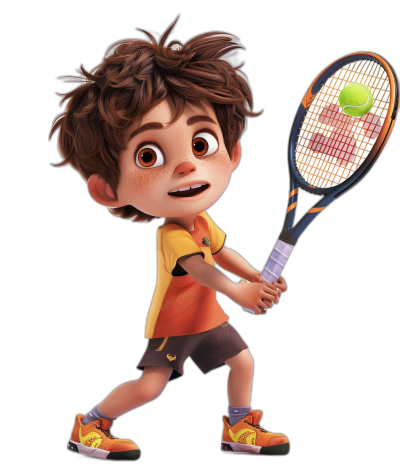 A cute little boy playing tennis in a full body shot. The style is similar to Pixar and Disney, with 3D cartoon game art style. The background is black with bright colors and a simple design. The boy has exaggerated expressions as he holds the racket and hits the ball with his right hand. He is wearing sports shoes on his feet with brown, short curly hair. The image is high in detail, resolution, and quality.