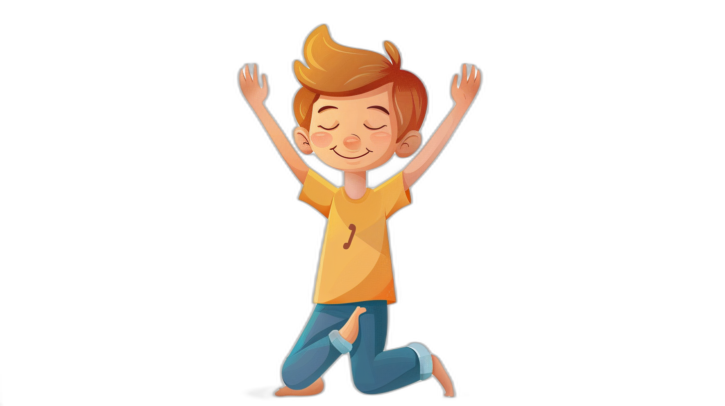 A cute cartoon boy is jumping up and down with his hands raised, wearing blue jeans and an orange T-shirt on a black background. The style features 2D flat illustrations with bold lines and solid colors in the style of Disney Pixar animation. He has short hair, big eyes, and a happy expression. The black background has high resolution with detailed .